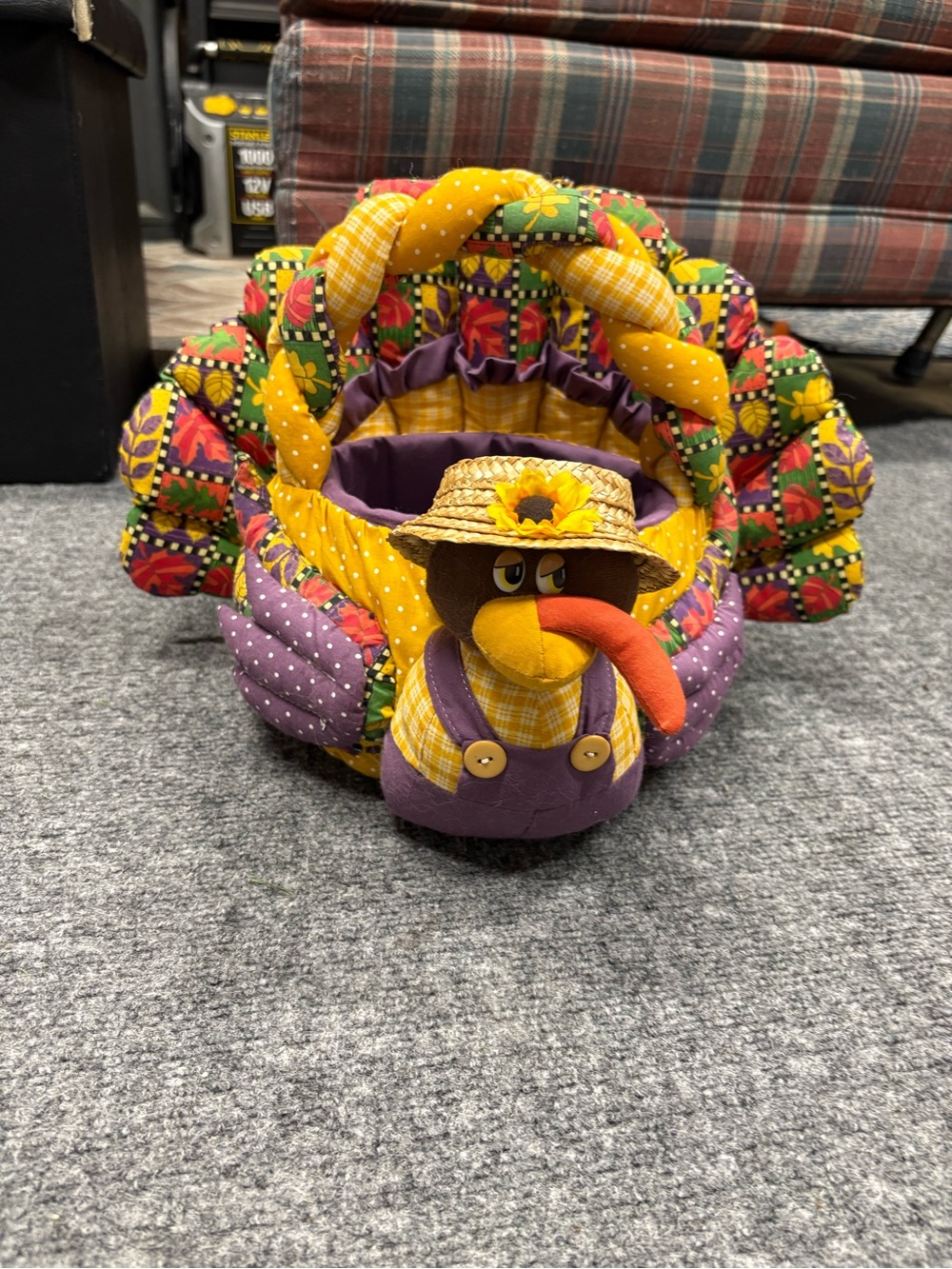 Vintage Thanksgiving Patchwork Quilted Plush Turkey Basket